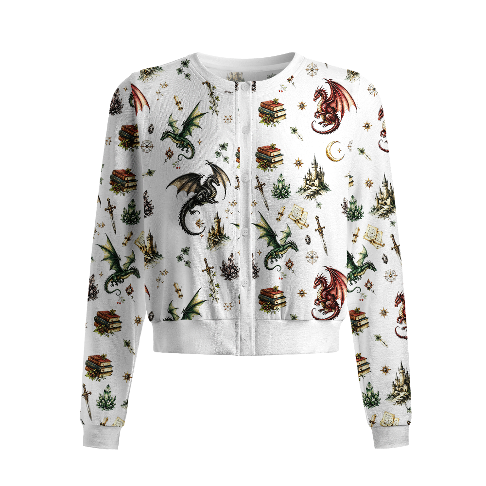 Pagewings Book Dragon Crew Neck Cardigan Sweaters