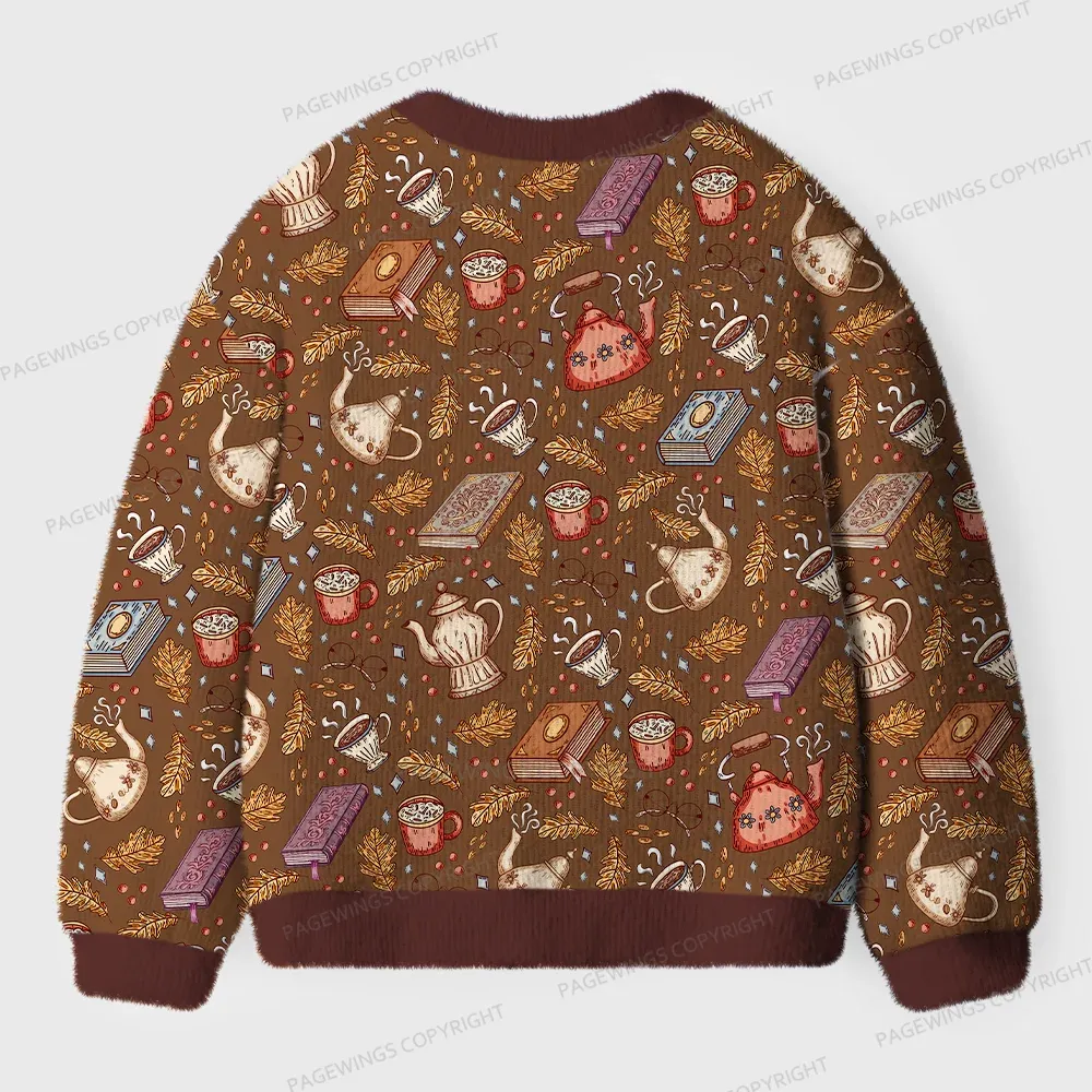Pagewings Cozy Books And Tea Unisex Ugly Cardigan Sweaters
