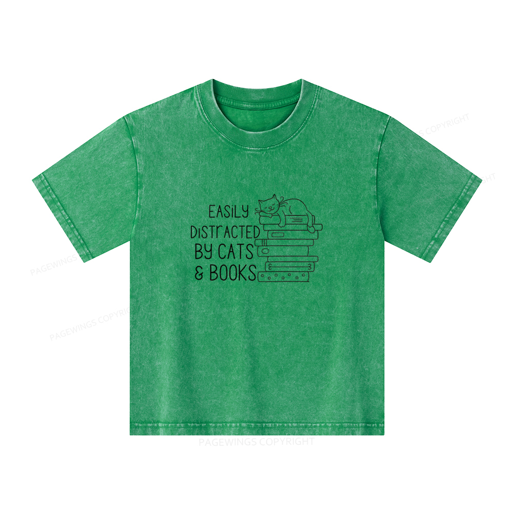 Pagewings Easily Distracted By Cats and Books Unisex Kids Washed T-shirt