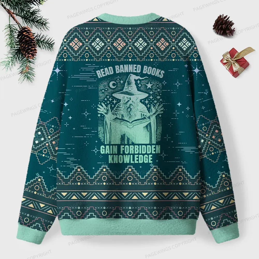 Pagewings Read Banned Books Gain Forbidden Knowledge Unisex Ugly Knit Sweatshirt