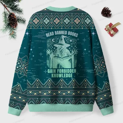 Pagewings Read Banned Books Gain Forbidden Knowledge Unisex Ugly Knit Sweatshirt