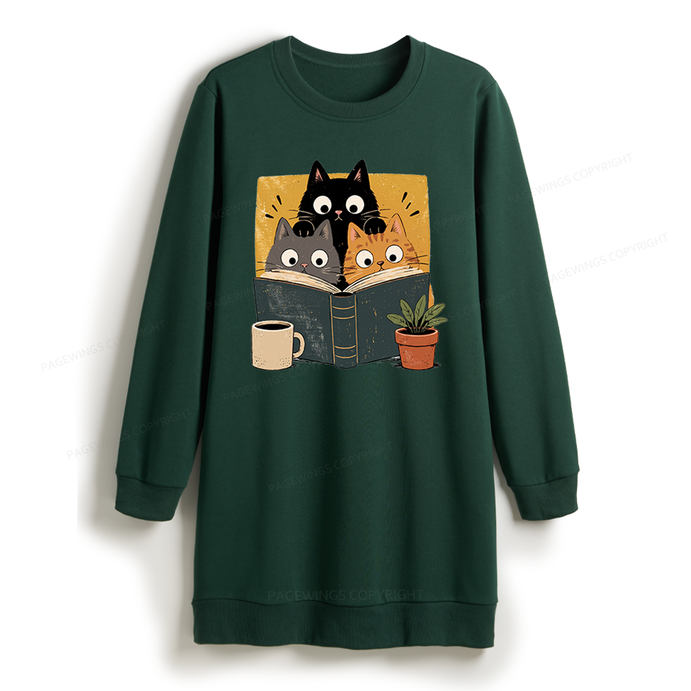 Pagewings Retro Curious Reading Cats Sweatshirt Dress
