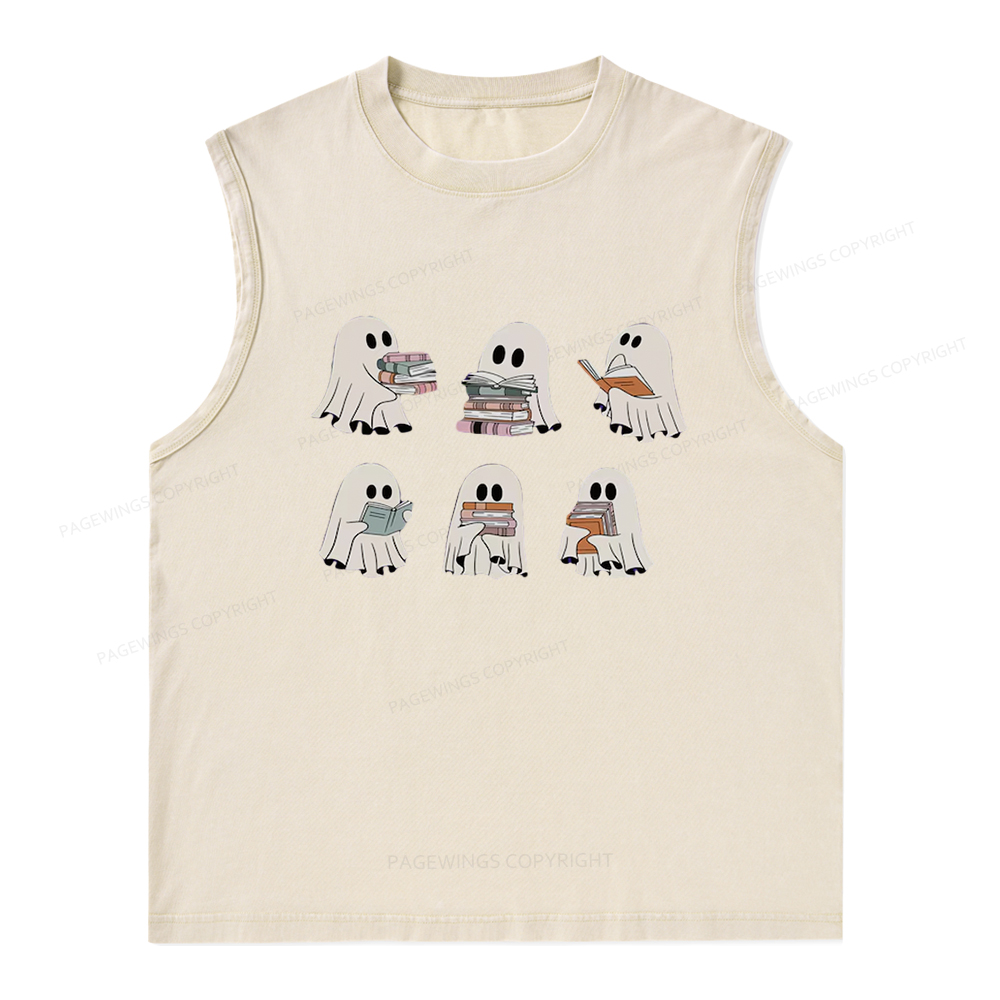 Pagewings Ghost Reading Halloween Unisex Washed Tank Top