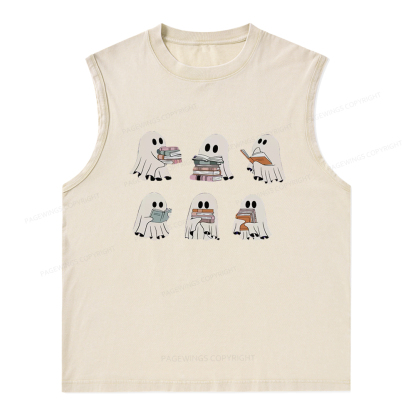 Pagewings Ghost Reading Halloween Unisex Washed Tank Top