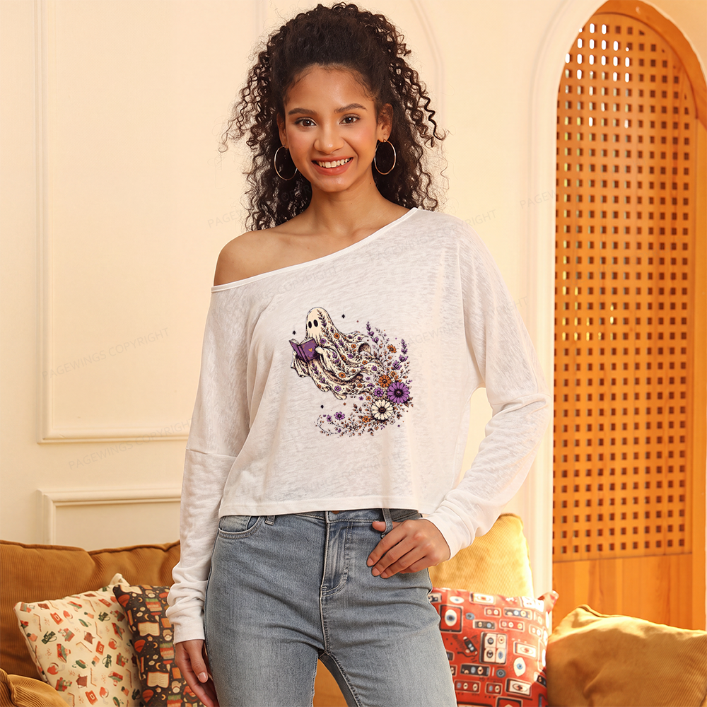Pagewings Wildflower Ghost Slouchy Long Sleeve Off Shoulder T-shirt