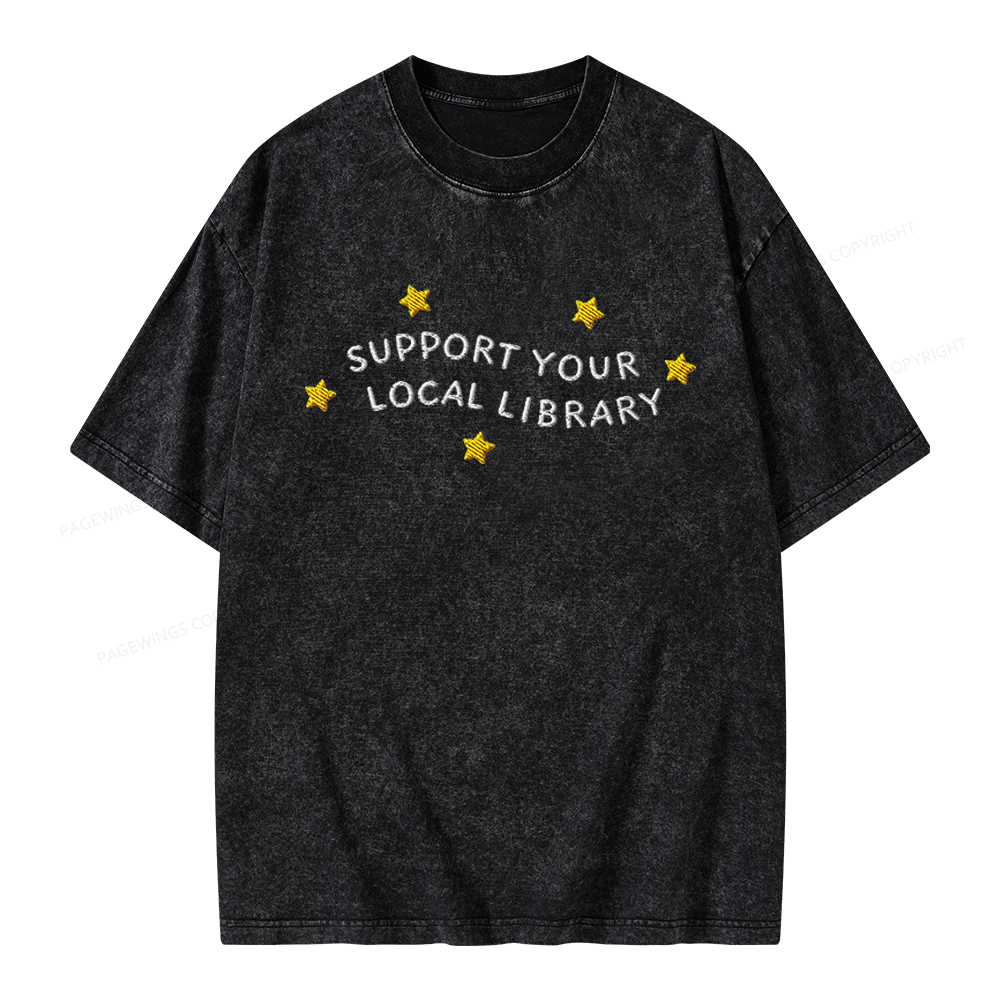 Pagewings Embroidered Support Your Local Library Unisex Washed T-shirt