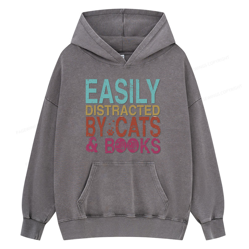 Pagewings Easily Distracted By Cats And Books Unisex Washed Hoodie