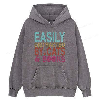 Pagewings Easily Distracted By Cats And Books Unisex Washed Hoodie