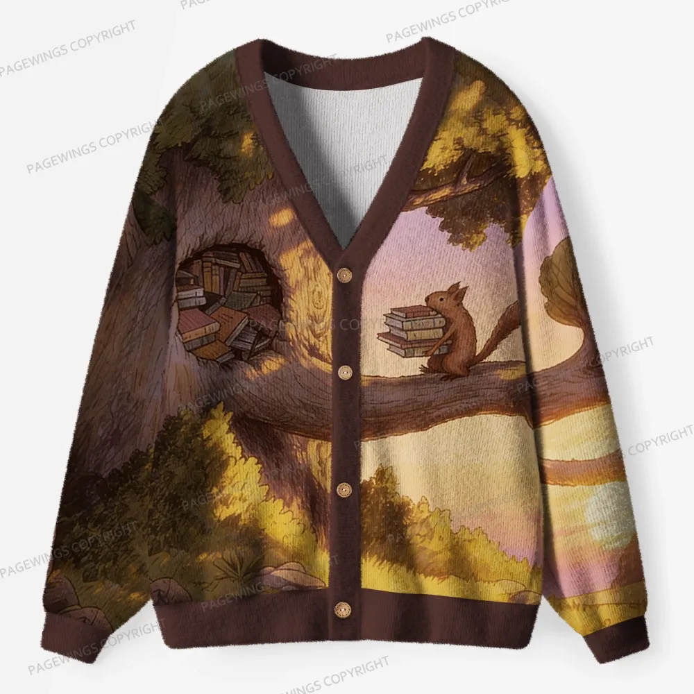 Pagewings Squirrels Love Reading Unisex Ugly Cardigan Sweaters