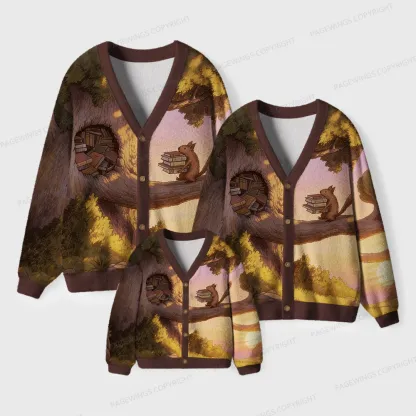 Pagewings Squirrels Love Reading Unisex Ugly Cardigan Sweaters