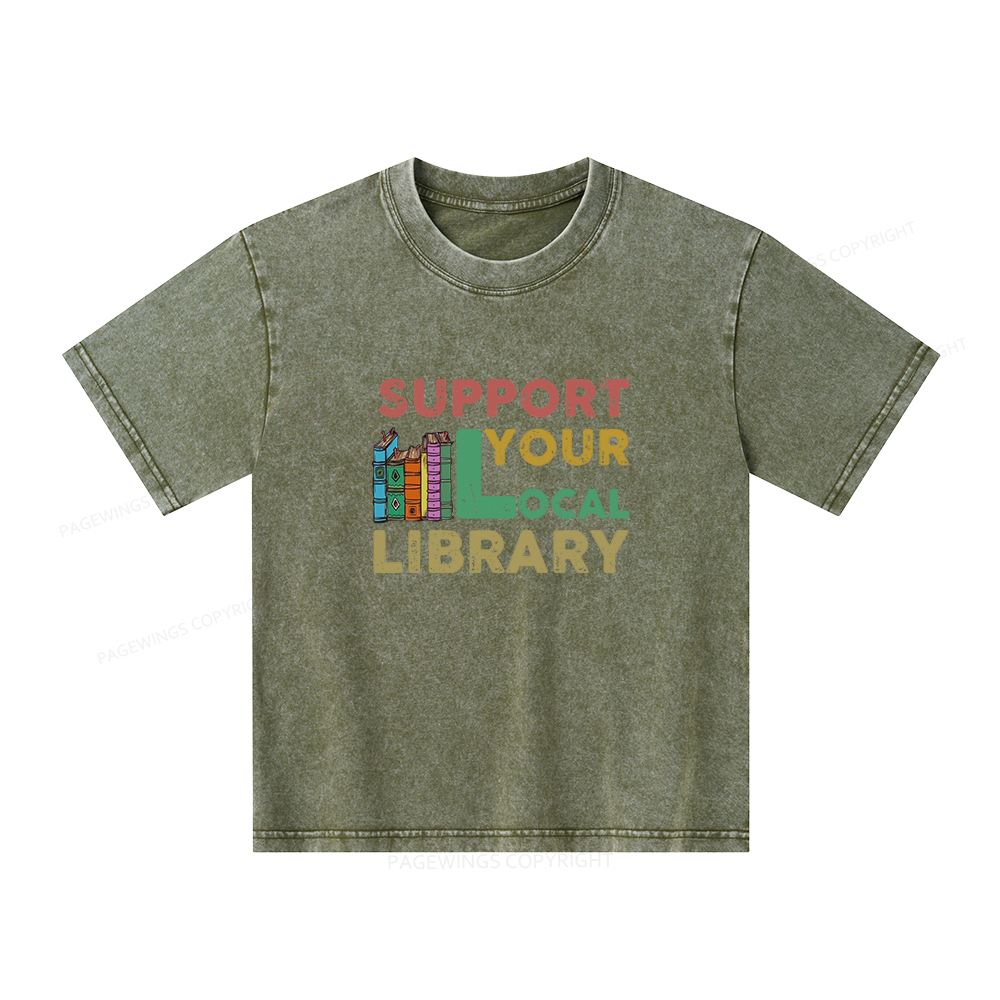Pagewings Support Your Local Library Unisex Kids Washed T-shirt