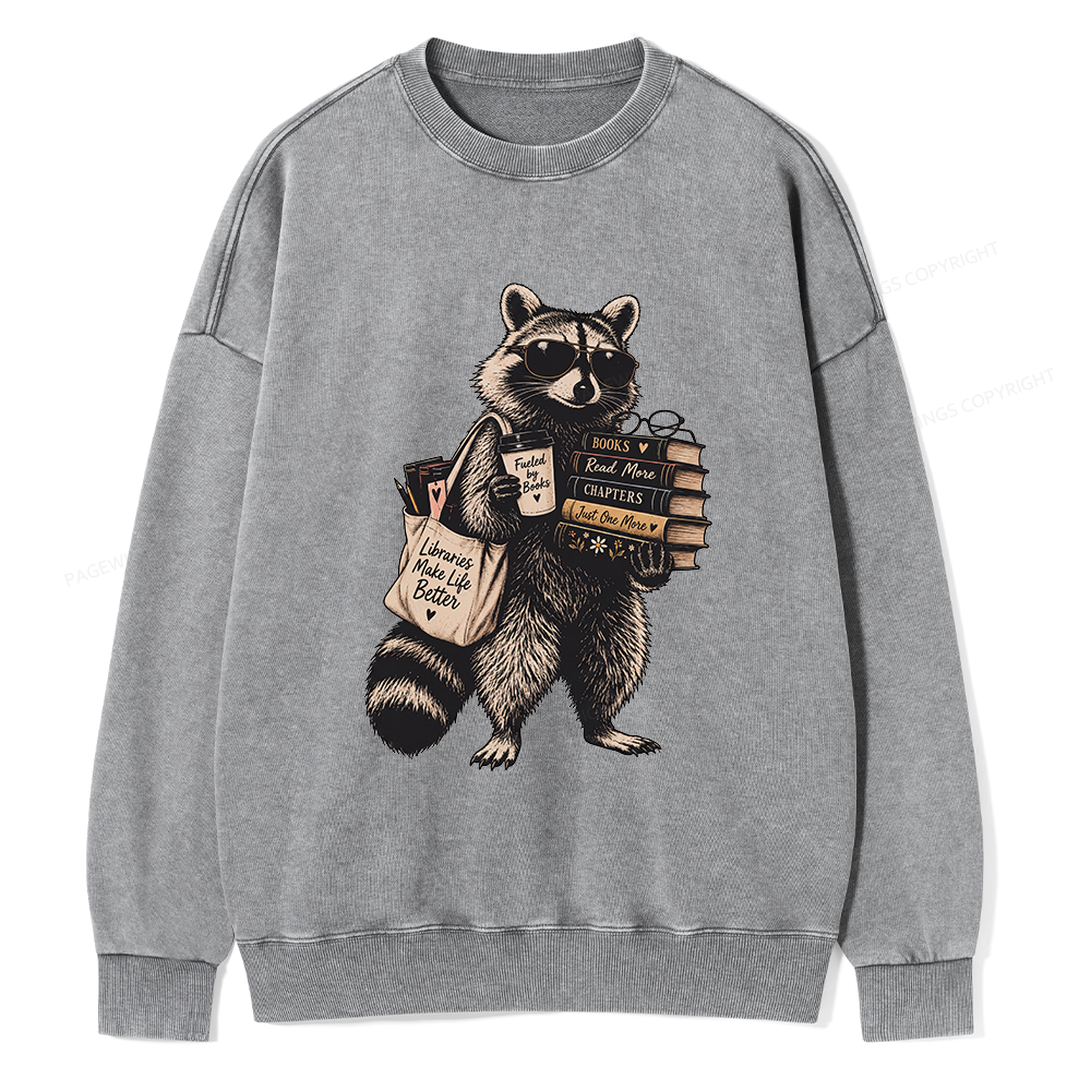 Pagewings Book Lover Raccoon Unisex Washed Sweatshirt