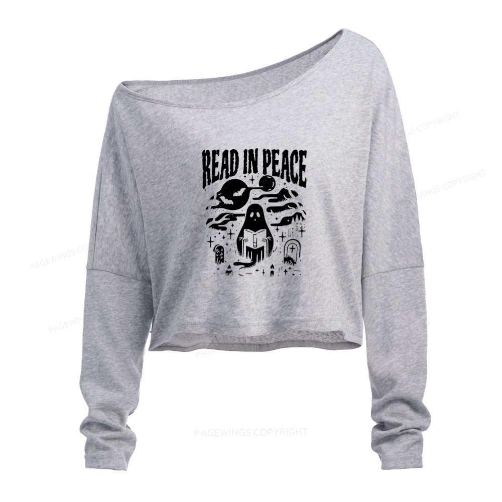 Pagewings Halloween Read In Peace Ghost Reading Slouchy Long Sleeve Off Shoulder T-shirt