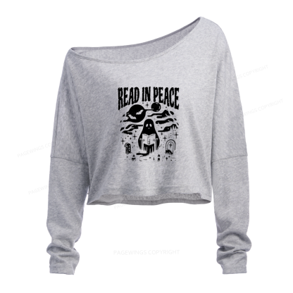 Pagewings Halloween Read In Peace Ghost Reading Slouchy Long Sleeve Off Shoulder T-shirt