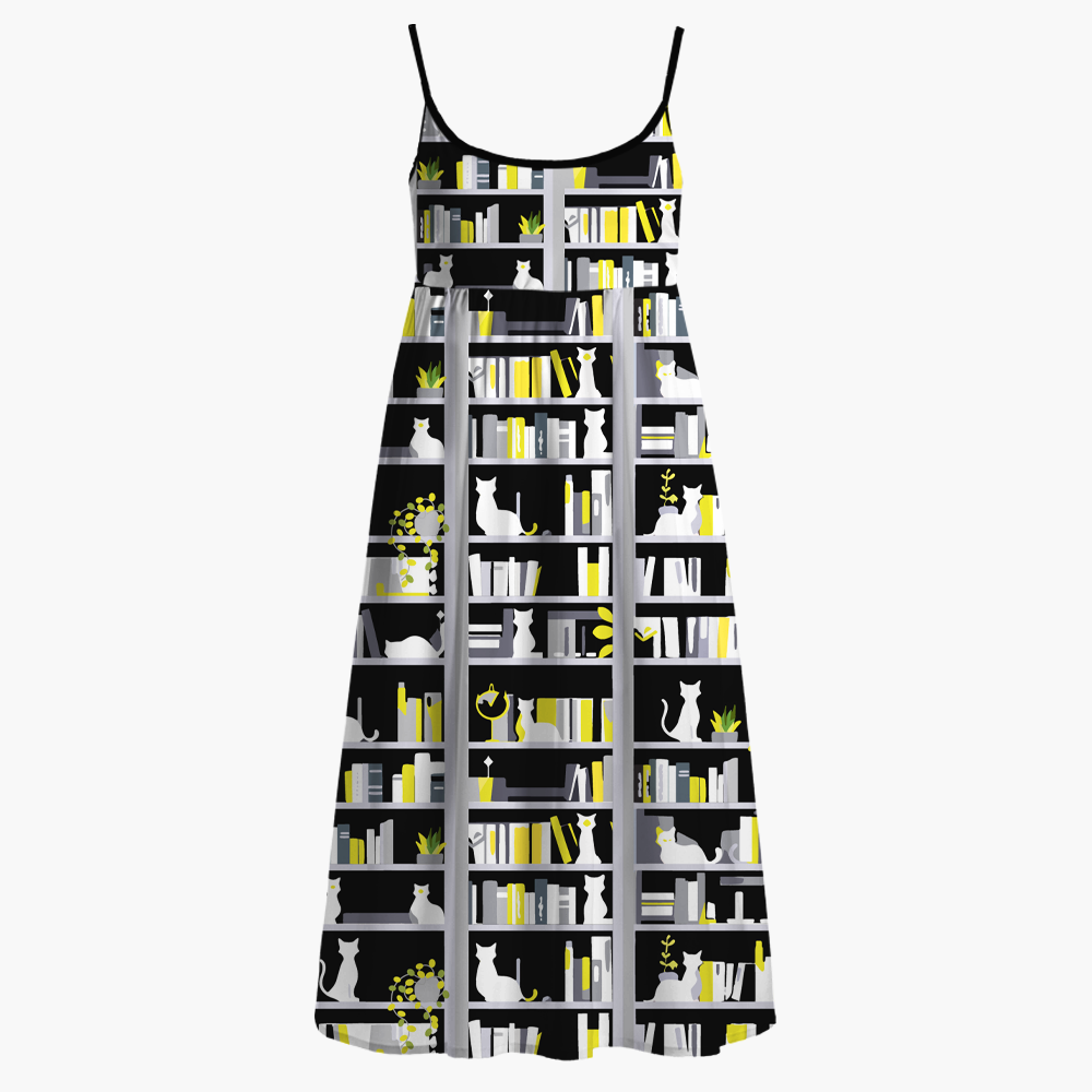 Pagewings Cat Bookish Lover Printed Spaghetti Strap Midi Sundress