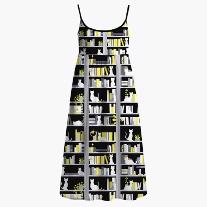 Pagewings Cat Bookish Lover Printed Spaghetti Strap Midi Sundress