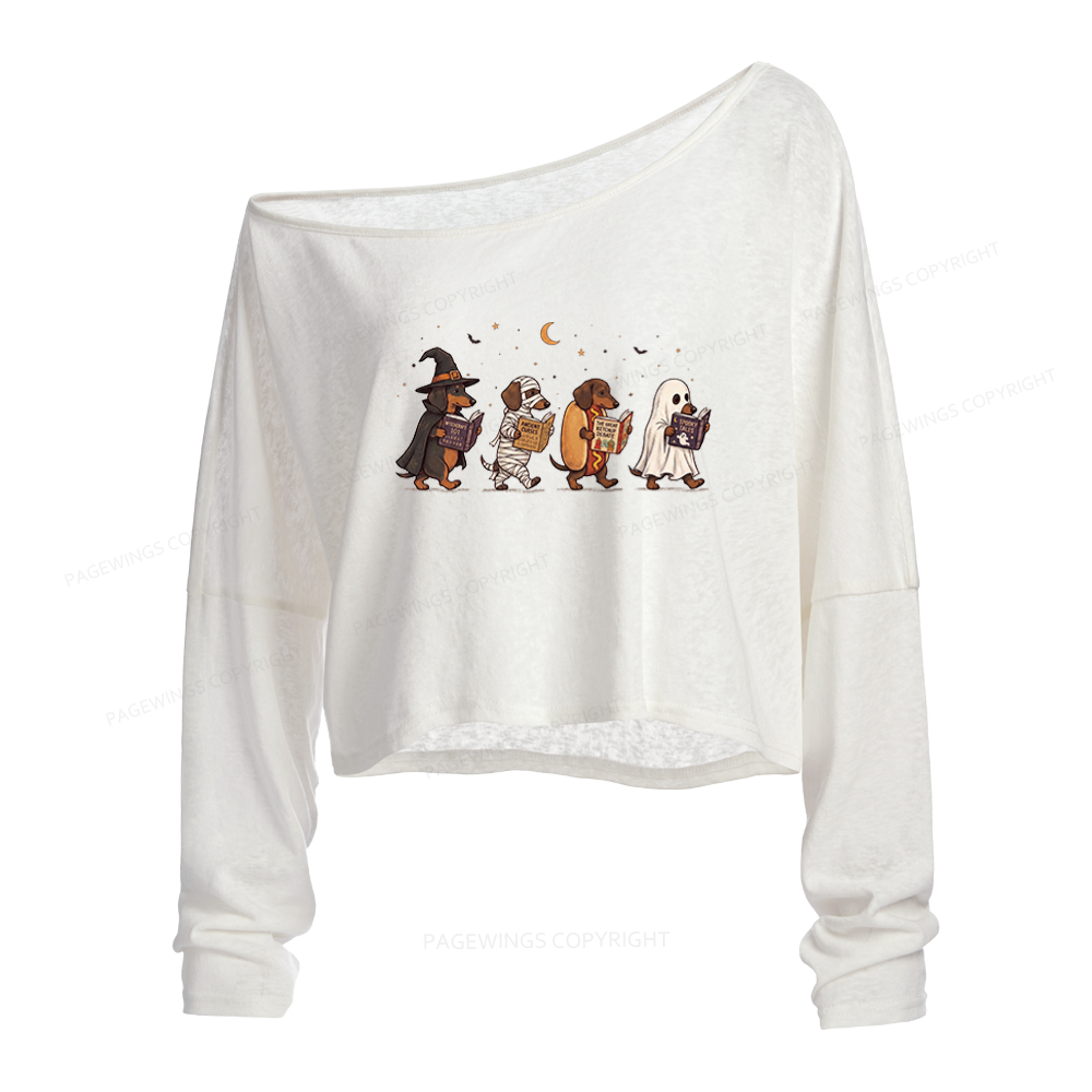 Pagewings Cute Spooky Season Wiener Dog Reading Slouchy Long Sleeve Off Shoulder T-shirt