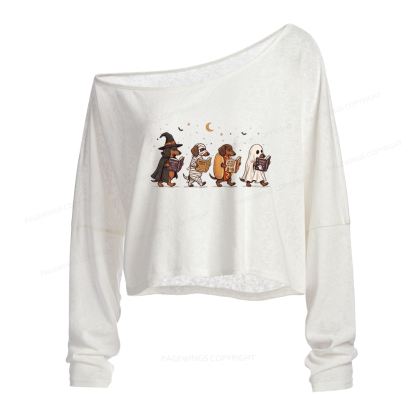 Pagewings Cute Spooky Season Wiener Dog Reading Slouchy Long Sleeve Off Shoulder T-shirt