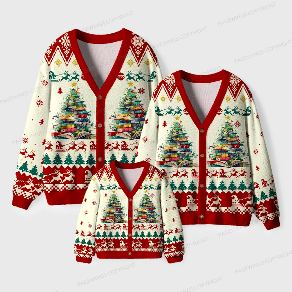 Pagewings Holiday Book Tree Unisex Ugly Cardigan Sweaters