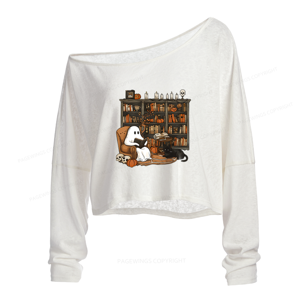 Pagewings Halloween Ghost Reading Books Slouchy Long Sleeve Off Shoulder T-shirt