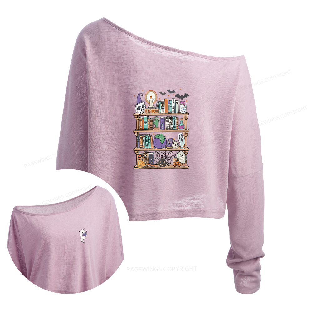 Pagewings Ghost Book Reader Halloween Slouchy Long Sleeve Off Shoulder T-shirt