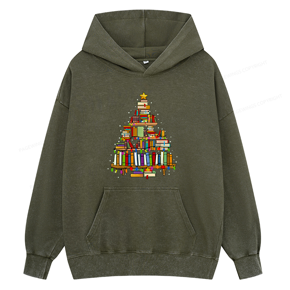 Pagewings Christmas Books Tree Unisex Washed Hoodie