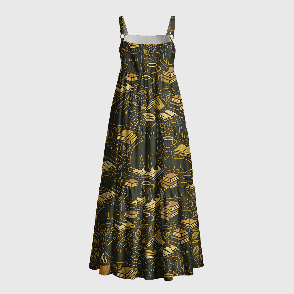 Pagewings Square Neck Bookish Cat Reader Maxi Dress