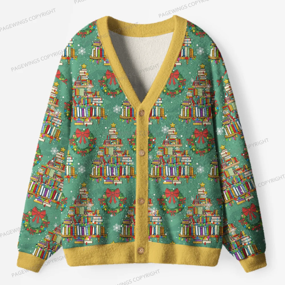 Pagewings Christmas Book Tree Unisex Ugly Cardigan Sweaters