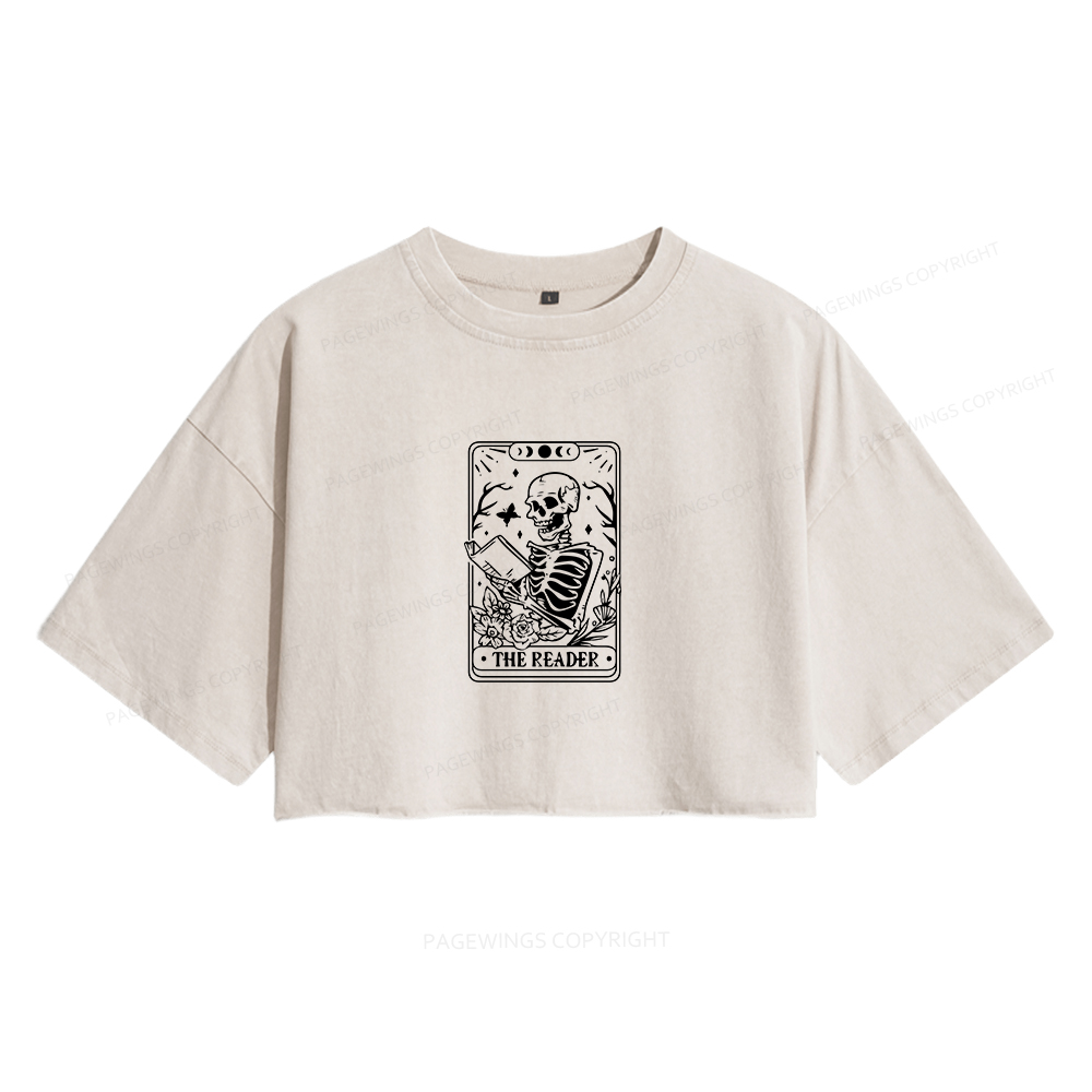 Pagewings Halloween The Reader Tarot Card Women's Washed Cropped T-shirt