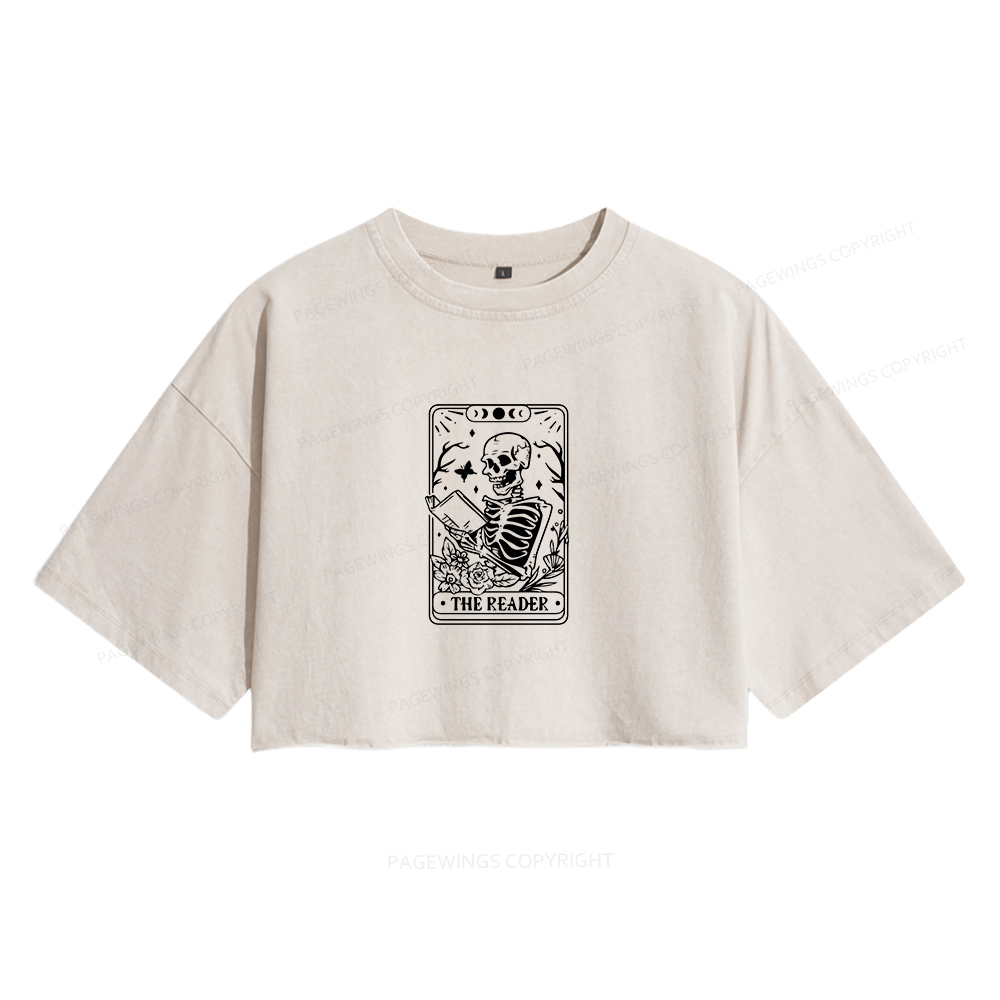 Pagewings Halloween The Reader Tarot Card Women's Washed Cropped T-shirt