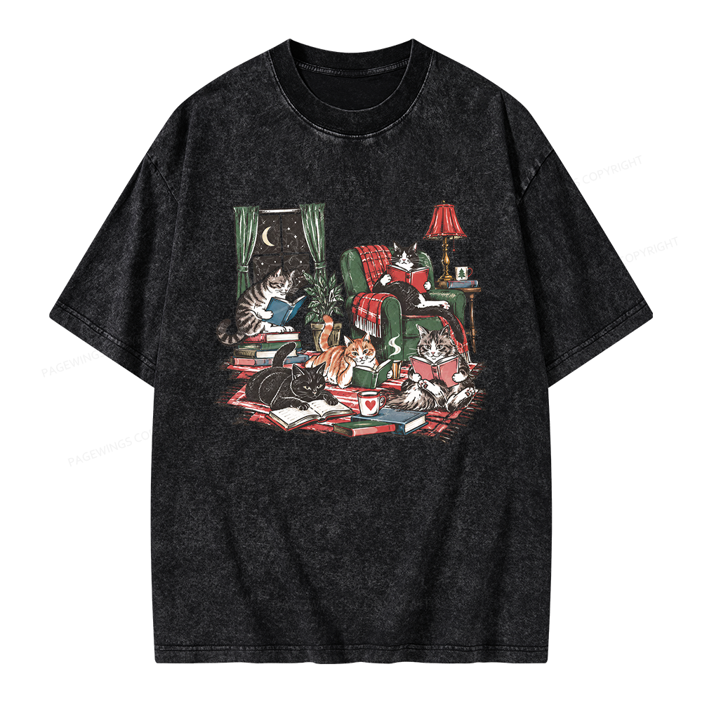Pagewings Cats Reading Books Unisex Washed T-shirt