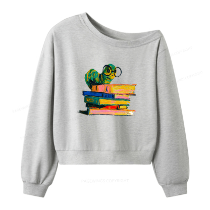 Pagewings Cute Bookworm Women Off Shoulder Sweatshirt