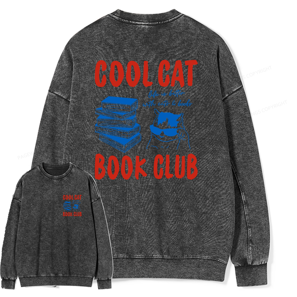Pagewings Cool Cat Book Club Unisex Washed Sweatshirt