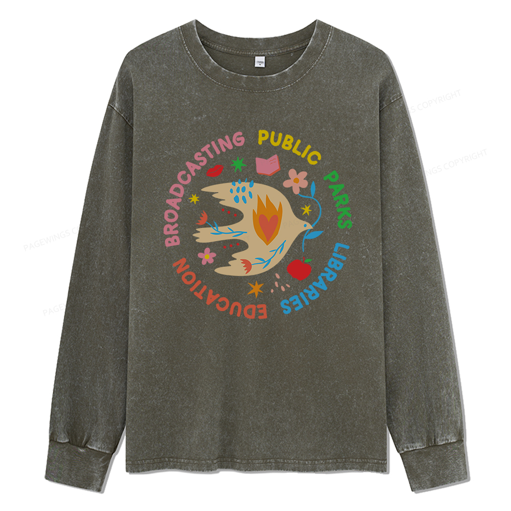 Pagewings Public Parks Libraries Education Broadcasting Unisex Washed Long Sleeve T-shirt