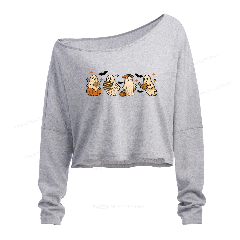 Pagewings Cute Ghost Reading Book Halloween Slouchy Long Sleeve Off Shoulder T-shirt