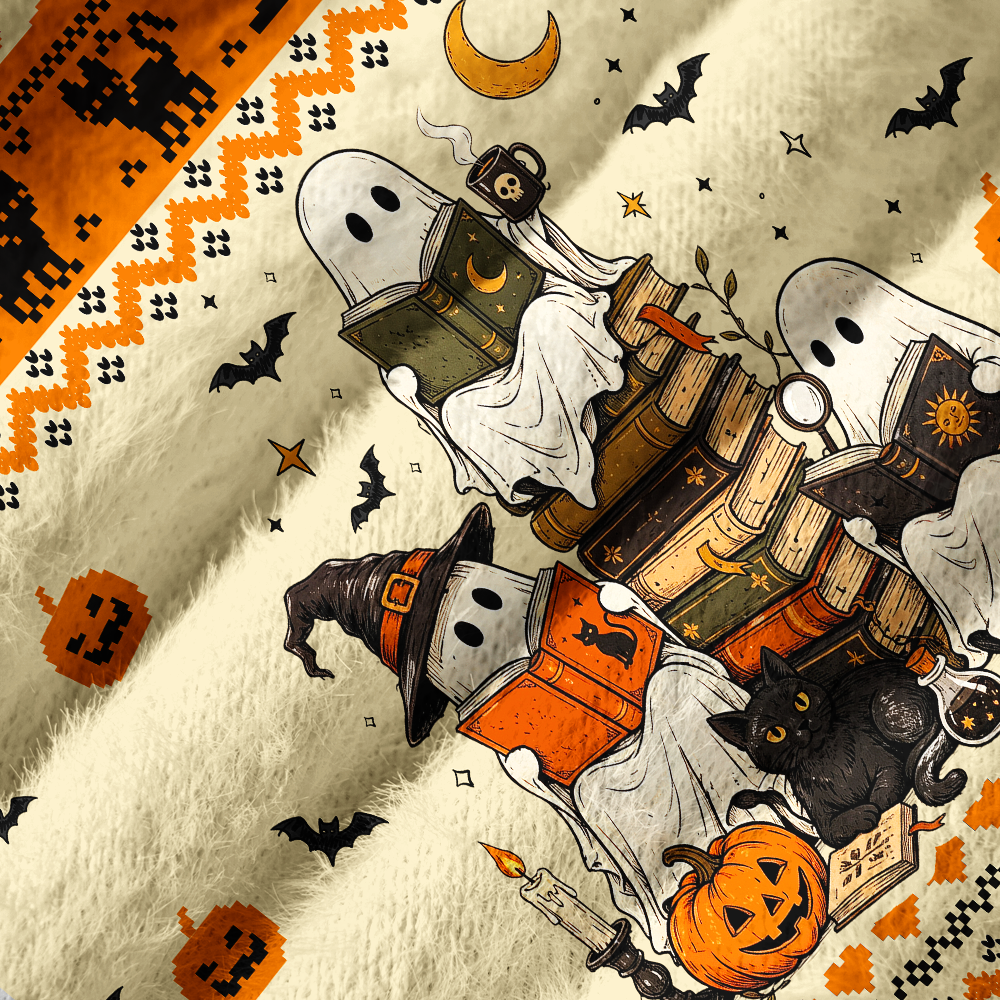 Pagewings Halloween Bookish Off Shoulder Ugly Knit Sweater