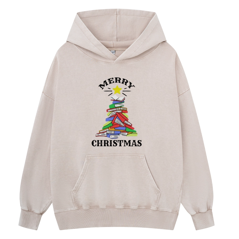Pagewings Merry Christmas Book Tree Unisex Washed Hoodie