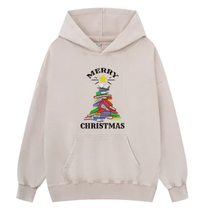 Pagewings Merry Christmas Book Tree Unisex Washed Hoodie