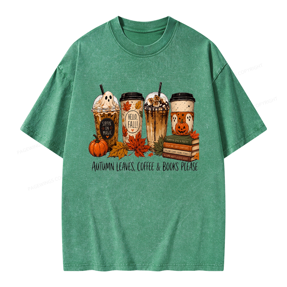 Pagewings Halloween Coffee Books Unisex Washed T-shirt
