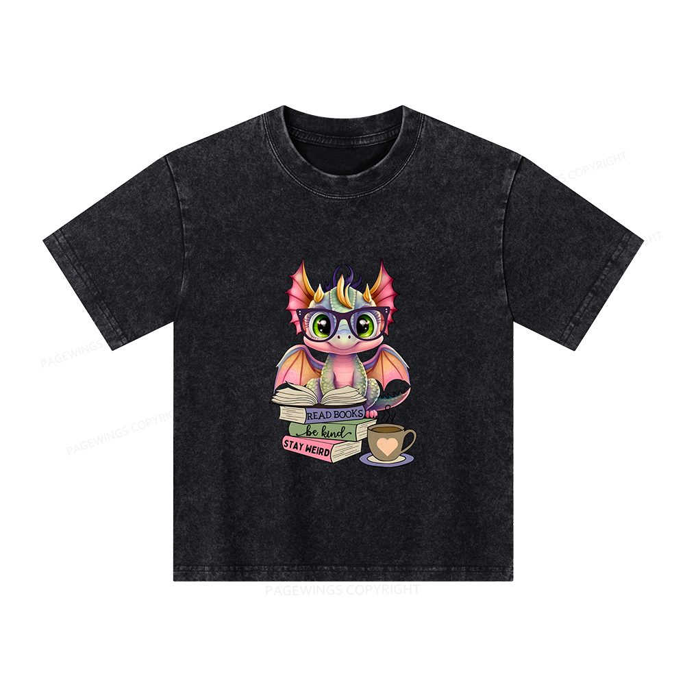 Pagewings Cute Dragon Reading Unisex Kids Washed T-shirt