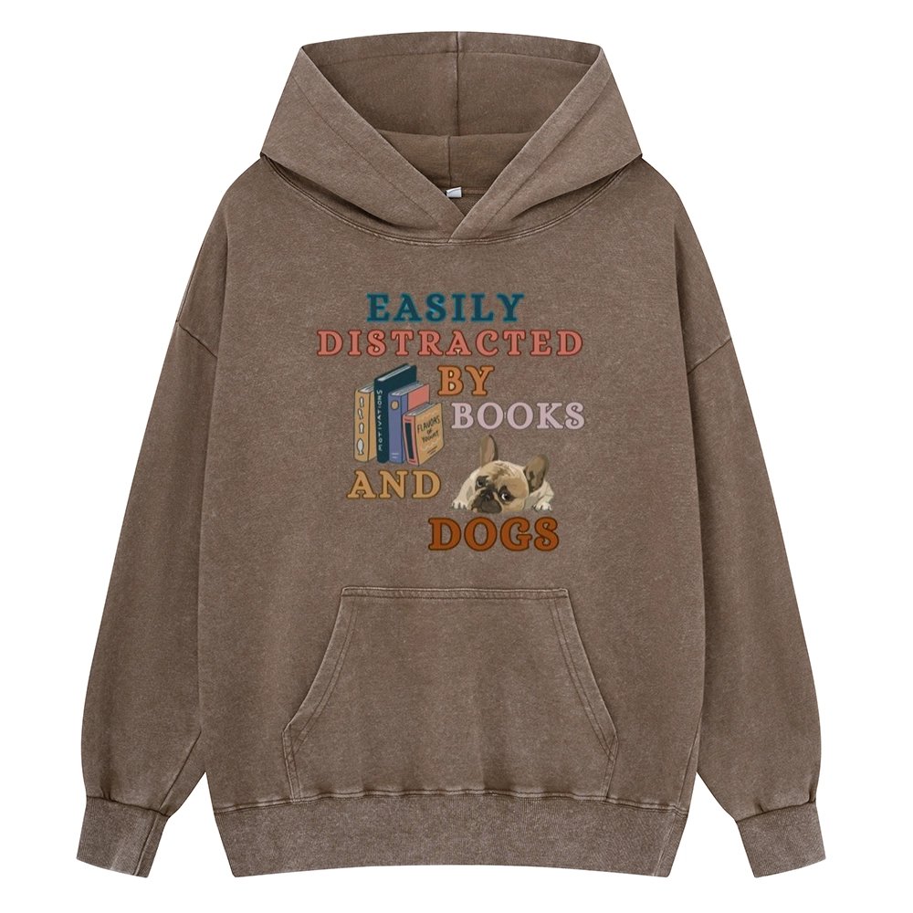Pagewings Easily Distracted By Books And Dogs Unisex Washed Hoodie
