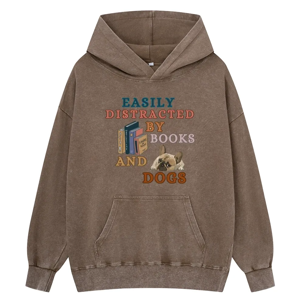 Pagewings Easily Distracted By Books And Dogs Unisex Washed Hoodie