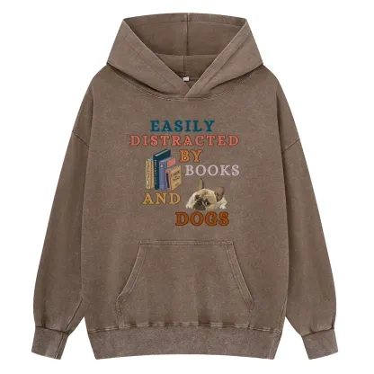 Pagewings Easily Distracted By Books And Dogs Unisex Washed Hoodie