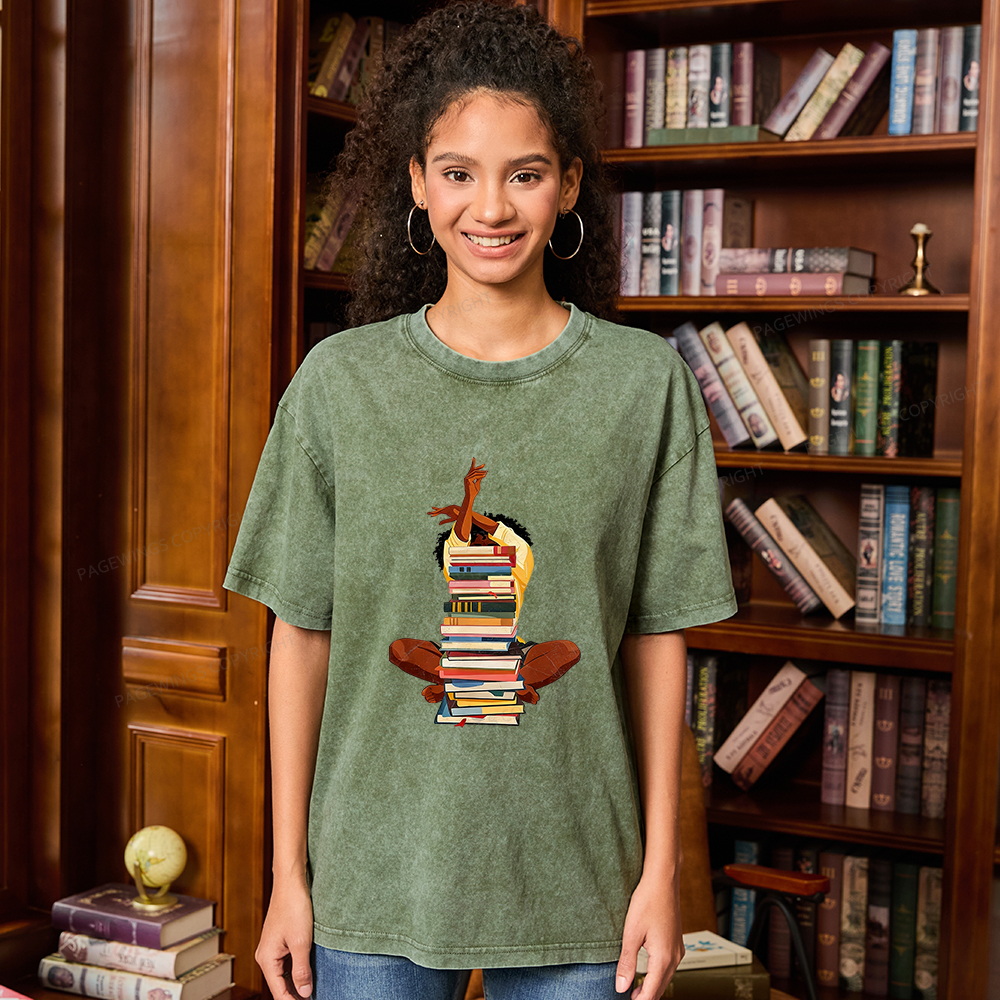 Pagewings Black Woman Reading Unisex Washed T-shirt