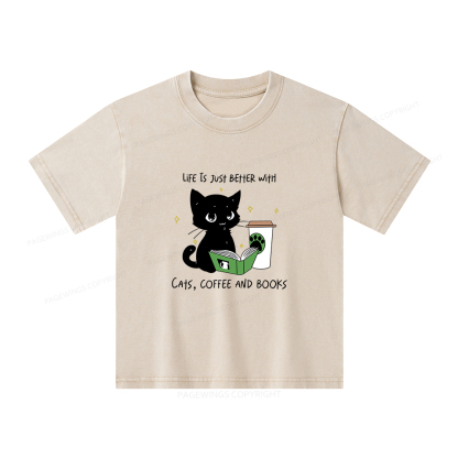 Pagewings Cats Coffee And Books Unisex Kids Washed T-shirt