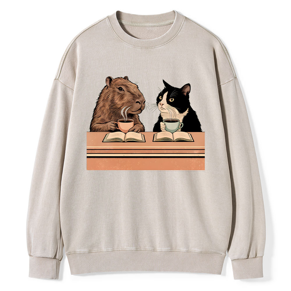 Pagewings Capybara and Tuxedo Cat Chilling with Coffee Unisex Washed Sweatshirt
