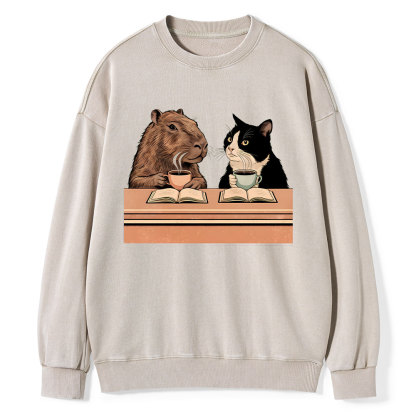 Pagewings Capybara and Tuxedo Cat Chilling with Coffee Unisex Washed Sweatshirt