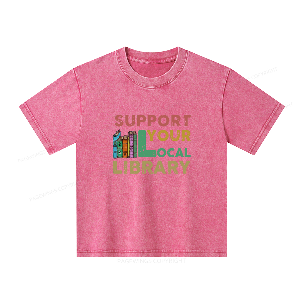 Pagewings Support Your Local Library Unisex Kids Washed T-shirt