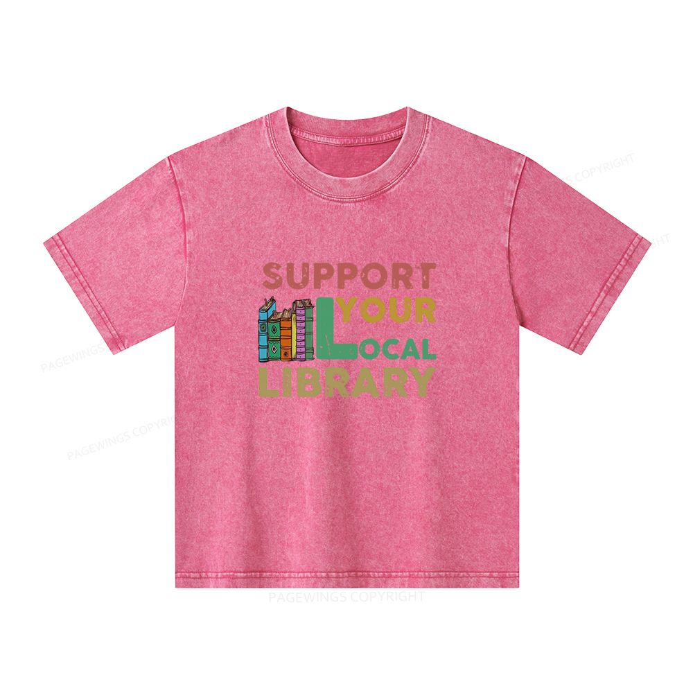 Pagewings Support Your Local Library Unisex Kids Washed T-shirt