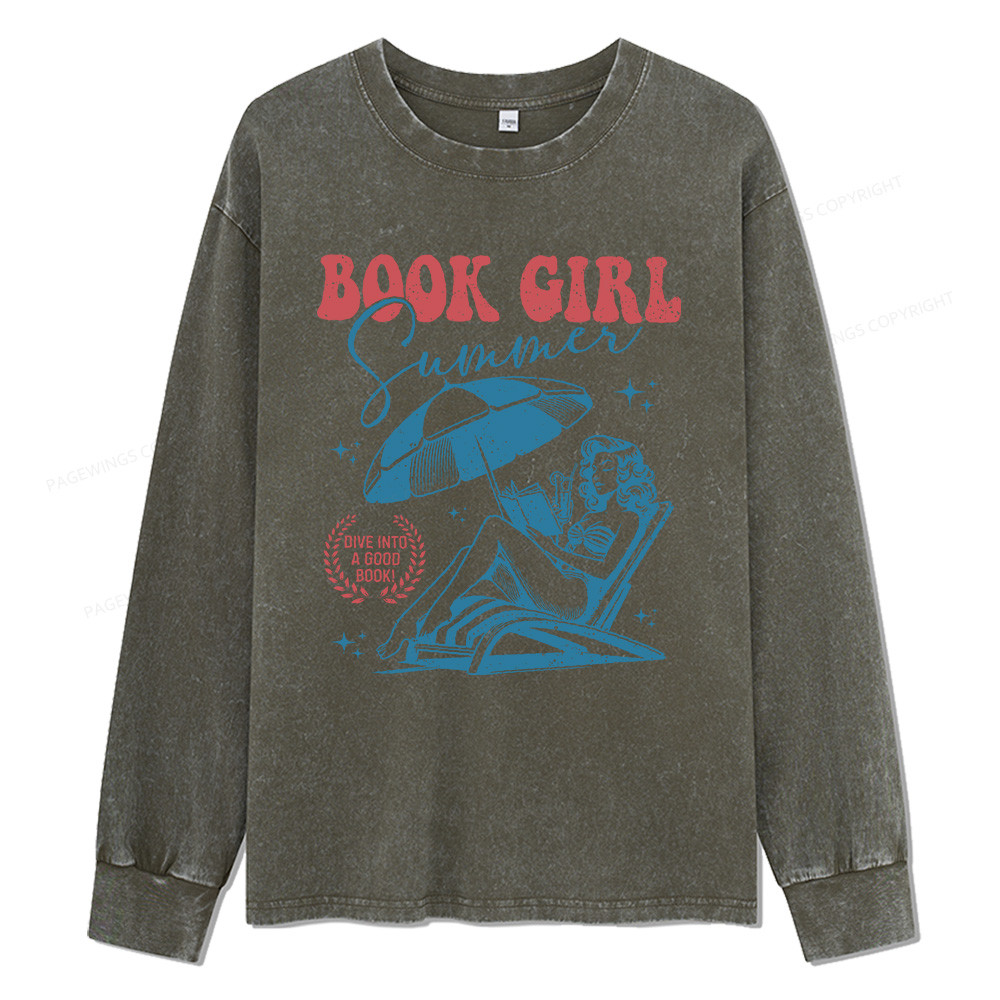Pagewings Book Girl Summer Unisex Washed Long Sleeve T-shirt